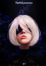 Rule 34 | 1girl, black blindfold, black dress, blindfold, closed mouth, covered eyes, dress, facing viewer, highres, lips, mole, mole under mouth, nier (series), nier:automata, nose, portrait, red lips, short hair, solo, spiz, turtleneck, white hair, 2b (nier:automata)