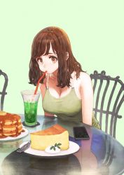 Rule 34 | 1girl, black thighhighs, blouse, breasts, brown eyes, brown hair, butter, cake, cellphone, chair, cleavage, drink, drinking, drinking straw, food, fork, green background, green shirt, ice, jun (navigavi), making-of available, mochi, original, pancake, phone, plate, shirt, short shorts, shorts, sitting, sleeveless, sleeveless shirt, smartphone, solo, syrup, table, tagme, thighhighs