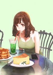 1girl black_thighhighs blouse breasts brown_eyes brown_hair butter cake cellphone chair cleavage drink drinking drinking_straw food fork green_background green_shirt ice jun_(navigavi) making-of_available mochi original pancake phone plate shirt short_shorts shorts sitting sleeveless sleeveless_shirt smartphone solo syrup table tagme thighhighs