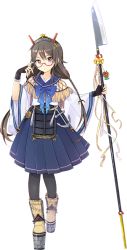 Rule 34 | 1girl, adjusting eyewear, aidumi, anchor, black gloves, blue skirt, boots, braid, brown hair, finger on eyewear, finger on glasses, full body, glasses, gloves, hair ornament, holding, holding polearm, holding spear, holding weapon, official art, oshiro project:re, oshiro project:re, pantyhose, partially fingerless gloves, platform boots, platform footwear, pleated skirt, polearm, red-framed eyewear, red eyes, skirt, solo, spear, transparent background, wakimoto (oshiro project), weapon