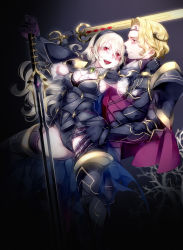 Rule 34 | 1boy, 1girl, alternate costume, armor, ascot, black armor, black gloves, black panties, blonde hair, boots, breasts, brooch, cape, circlet, cleavage, corrin (female) (fire emblem), corrin (fire emblem), curly hair, fire emblem, fire emblem fates, gauntlets, gloves, hair between eyes, hairband, hand in panties, hand on another&#039;s neck, hetero, highleg, highleg panties, highres, holding, holding sword, holding weapon, jewelry, leaning on person, leg up, long hair, medium breasts, negiwo, nintendo, open mouth, panties, pauldrons, pointy ears, red eyes, short hair, shoulder armor, smile, standing, standing on one leg, sword, thigh boots, thighhighs, thighs, torn cape, torn clothes, underwear, weapon, xander (fire emblem), yato (fire emblem)