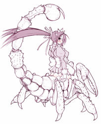 Rule 34 | 1girl, arthropod girl, blush, bottomless, bow, from behind, hairband, long hair, looking back, maid, monochrome, monster girl, original, ponytail, purple theme, scorpion, scorpion girl, simple background, solo, spot color, stinger