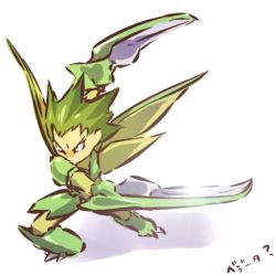 Rule 34 | 1990s (style), 1boy, armor, claws, costume, creatures (company), game freak, gen 1 pokemon, hitec, male focus, moemon, nintendo, personification, pokemon, pokemon rgby, retro artstyle, scythe, scyther, simple background, solo, spiked hair, translation request, white background, wings