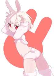 Rule 34 | 1girl, :3, absurdres, ass, crop top, cropped jacket, female focus, from behind, fur trim, highres, lolicom, looking at viewer, looking back, original, panties, rabbit ears, rabbit pose, rabbit symbol, rabbit tail, short hair, simple background, solo, underwear, white background, white hair, white panties
