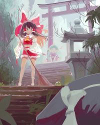 Rule 34 | 2girls, absurdres, ascot, black hair, bow, breasts, broom, bush, frilled skirt, frills, hakurei reimu, hat, highres, holding, holding broom, housulu, komano aunn, long hair, long sleeves, midriff, multiple girls, open mouth, outdoors, red bow, red shirt, red skirt, red vest, sandals, shirt, short hair, short sleeves, skirt, small breasts, socks, squatting, stone lantern, torii, touhou, vest, white shirt, wide sleeves, witch hat, yellow ascot, zouri