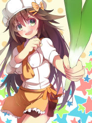 Rule 34 | 10s, 1girl, :d, ariaridoradora, blush, bow, brown hair, chef, chef hat, clenched hand, cowboy shot, food, frills, green eyes, hair ornament, hairclip, hat, himekawa yuki, holding, idolmaster, idolmaster cinderella girls, long hair, looking at viewer, open mouth, orange bow, short sleeves, simple background, smile, solo, spring onion, standing, star (symbol), striped, striped bow, vegetable, white hat, yellow background