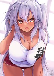 Rule 34 | 1girl, absurdres, artist logo, breast press, breasts, cleavage, dark-skinned female, dark skin, dated, gym shirt, gym shorts, gym uniform, hair between eyes, hand on own head, highres, kantai collection, large breasts, light brown hair, long hair, looking at viewer, mashiro yukiya, musashi (kancolle), musashi kai ni (kancolle), open mouth, platinum blonde hair, pointy hair, red eyes, shirt, short hair with long locks, short shorts, shorts, smile, solo, sportswear, twintails, two side up, very long hair