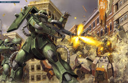 Rule 34 | absurdres, battle, building, casing ejection, city, day, firing, glowing, glowing eyes, ground gm, gun, gundam, gundam 08th ms team, highres, holding, holding gun, holding weapon, kinoshita tomotake, mecha, mobile suit, muzzle flash, no humans, one-eyed, outdoors, overcast, red eyes, robot, science fiction, shell casing, shield, shoulder spikes, sky, spikes, standing, war, weapon, zaku ii