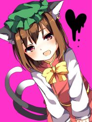 Rule 34 | 1girl, animal ears, bad id, bad twitter id, blush, bow, bowtie, brown hair, cat ears, cat tail, chen, dutch angle, green hat, hat, heart, highres, karasusou nano, long hair, long sleeves, looking at viewer, mob cap, multiple tails, open mouth, pink background, pink eyes, short hair, simple background, solo, tail, touhou, two tails, yellow bow, yellow bowtie