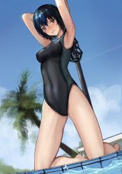Rule 34 | 1girl, absurdres, amagami, armpits, bad id, bad pixiv id, blue hair, blue sky, chain, chinese commentary, cloud, competition swimsuit, day, from below, highres, iuui, kneeling, looking at viewer, nanasaki ai, one-piece swimsuit, outdoors, pole, poolside, purple eyes, restrained, short hair, sky, solo, swimsuit, water