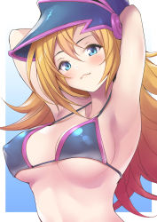 Rule 34 | 1girl, alternate costume, armpits, arms behind head, bare shoulders, blonde hair, blue background, blush, breasts, cleavage, collarbone, commentary request, covered erect nipples, dark magician girl, duel monster, hat, highres, large breasts, long hair, looking at viewer, nukkoru, purple eyes, simple background, smile, solo, upper body, white background, wizard hat, yu-gi-oh!