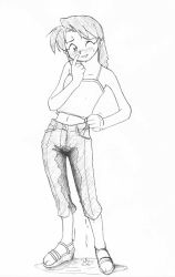 Rule 34 | 1girl, artist request, blush, eyebrows, finger to mouth, full body, greyscale, happy peeing, midriff, monochrome, navel, one eye closed, peeing, peeing self, puddle, purposeful wetting, simple background, smile, solo, source request, standing
