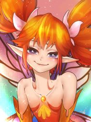 Rule 34 | 1girl, bare shoulders, butterfly wings, closed mouth, collarbone, elbow gloves, fairy, feo ul, final fantasy, final fantasy xiv, flat chest, gloves, highres, insect wings, looking at viewer, multicolored background, orange gloves, orange hair, pointy ears, purple eyes, purple wings, quonononon, short twintails, smile, solo, sparkle, twintails, upper body, wings