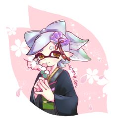 Rule 34 | + +, 1girl, artist name, black kimono, brown eyes, cherry blossoms, closed mouth, commentary, cropped torso, dango, earrings, floral background, food, gradient hair, green hair, grey hair, hair ornament, holding, holding food, inkling, japanese clothes, jewelry, kimono, long sleeves, looking at viewer, marie (splatoon), mole, mole under eye, multicolored hair, nintendo, own hands together, pointy ears, short hair, signature, smile, solo, splatoon (series), splatoon 2, standing, taimu, tentacle hair, upper body, wagashi, wide sleeves