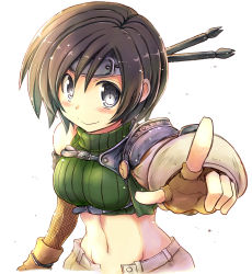 Rule 34 | 1girl, black eyes, breasts, brown hair, closed mouth, commentary request, final fantasy, final fantasy vii, fingerless gloves, gloves, headband, looking at viewer, medium breasts, midriff, navel, sakaki (noi-gren), short hair, shorts, simple background, sleeveless, sleeveless turtleneck, smile, solo, stomach, turtleneck, unbuttoned, open fly, white background, white shorts, yellow gloves, yuffie kisaragi