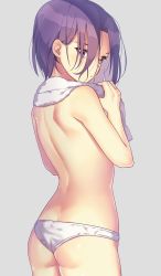 Rule 34 | 1girl, absurdres, ass, back, bad id, bad pixiv id, bare arms, closed mouth, cowboy shot, grey background, hand up, highres, holding, holding towel, ichiren namiro, jun (princess connect!), looking at viewer, looking back, panties, parted bangs, princess connect!, purple eyes, purple hair, short hair, shoulder blades, simple background, solo, standing, topless, towel, underwear, underwear only, white panties