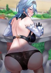 Rule 34 | 1girl, ass, ass focus, bent over, black gloves, black hairband, black panties, blue hair, blurry, blurry background, blush, breasts, clenched teeth, detached sleeves, eula (genshin impact), genshin impact, gloves, hairband, highres, large breasts, long hair, long sleeves, looking at viewer, looking back, panties, solo, tearing up, teeth, tinnies, underwear
