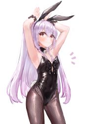 Rule 34 | 1girl, absurdres, animal ears, armpits, arms up, bad id, bad pixiv id, bare shoulders, black hairband, black leotard, blush, brown eyes, brown pantyhose, closed mouth, commentary, covered navel, fake animal ears, fishnet pantyhose, fishnets, hair between eyes, hairband, highres, hololive, leotard, long hair, pantyhose, playboy bunny, purple hair, rabbit ears, rabbit tail, sidelocks, solo, strapless, strapless leotard, tail, uruha rushia, very long hair, virtual youtuber, wrist cuffs, yu hydra