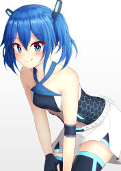 Rule 34 | 1girl, :q, artist name, bare shoulders, black thighhighs, blue eyes, blue hair, blush, closed mouth, collarbone, commentary request, grey background, hair between eyes, highres, looking at viewer, original, prophosphere, short shorts, shorts, signature, simple background, smile, solo, thighhighs, tongue, tongue out, twintails, white shorts