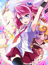 Rule 34 | 3girls, aria the melodious diva, bad id, bad pixiv id, bloom diva the melodious choir, blue eyes, breasts, colored skin, dress, duel disk, duel monster, hiiragi yuzu, multicolored hair, multiple girls, musical note, necktie, pink hair, pink skin, pleated skirt, skirt, thighhighs, twintails, two-tone hair, yu-gi-oh!, yu-gi-oh! arc-v