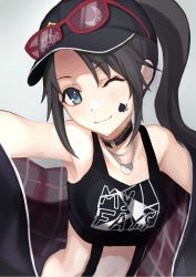 Rule 34 | 1girl, ;), ashiya hiro, bare shoulders, baseball cap, black choker, black hair, black hat, black tank top, blush, breasts, choker, closed mouth, clothes writing, commentary request, crop top, eyewear on head, facial mark, grey background, hat, head tilt, heart, heart necklace, high ponytail, highres, idolmaster, idolmaster shiny colors, jewelry, long hair, midriff, mitsumine yuika, necklace, o-ring, o-ring choker, one eye closed, outstretched arm, parted bangs, ponytail, red-framed eyewear, small breasts, smile, solo, spade (shape), sunglasses, tank top, very long hair