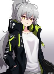 Rule 34 | 2017, aek-999 (girls&#039; frontline), arms at sides, black jacket, breasts, bright pupils, character name, collarbone, eyes visible through hair, girls&#039; frontline, gradient background, grey background, grey hair, hand in pocket, headphones, headphones around neck, highres, hood, hood down, jacket, long hair, looking at viewer, looking down, messy hair, multicolored clothes, multicolored jacket, narynn, neon trim, parted lips, ponytail, raised eyebrows, shirt, sidelocks, simple background, smile, solo, standing, t-shirt, two-tone jacket, upper body, white background, white pupils, white shirt, yellow eyes