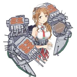 Rule 34 | 1girl, absurdres, breasts, brown eyes, brown hair, cannon, collared shirt, cowboy shot, dress shirt, garter straps, highres, kamigumo, kantai collection, large breasts, littorio (kancolle), long hair, machinery, necktie, pleated skirt, ponytail, red necktie, red skirt, rigging, shirt, simple background, skirt, sleeveless, sleeveless shirt, turret, wavy hair, white background, white shirt