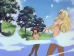 Rule 34 | 2girls, animated, blonde hair, breasts, brown hair, completely nude, gundam, hair censor, kihel heim, large breasts, long hair, lowres, medium hair, multiple girls, navel, nipples, nude, partially submerged, partially underwater shot, river, running, skinny dipping, small breasts, sochie heim, subtitled, tagme, turn a gundam, twintails, underwater, video, wading, water