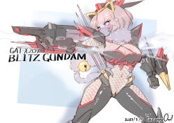 Rule 34 | 1girl, animal ears, artist name, bell, black gloves, blitz gundam, blue eyes, blush, bodystocking, breasts, cat ears, cat tail, character name, cleavage, clenched hand, covered navel, dated, fake animal ears, fishnets, fur scarf, gloves, grey hair, grey scarf, gun, gundam, gundam seed, highres, holding, holding gun, holding weapon, humanization, large breasts, looking to the side, mask, mecha musume, mechanical ears, mouth mask, scarf, short hair, solo, tail, weapon, yazawa owl