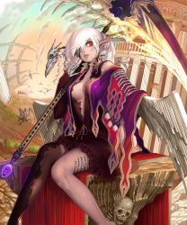 Rule 34 | 1girl, breasts, center opening, cloud, hair over one eye, highres, large breasts, lips, long hair, mega5155214x, original, red eyes, scythe, shingoku no valhalla gate, single thighhigh, sitting, skeleton, sky, solo, thighhighs, white hair
