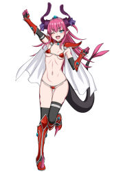 Rule 34 | 1girl, armor, armored boots, bikini armor, black gloves, black thighhighs, blue eyes, blush, boots, breasts, cape, curled horns, detached collar, dragon horns, dragon tail, elbow gloves, elizabeth bathory (brave) (fate), elizabeth bathory (fate), fate/grand order, fate (series), full body, gauntlets, gloves, hairband, highres, horns, long hair, looking at viewer, muta poo, navel, one eye closed, open mouth, pauldrons, pink hair, pointy ears, red armor, shoulder armor, small breasts, smile, solo, tail, thighhighs, white cape