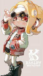 Rule 34 | 1girl, absurdres, adjusting eyewear, black shorts, blonde hair, closed mouth, commentary request, earrings, full body, hand in pocket, highres, jacket, jewelry, letterman jacket, medium hair, myon rio, nintendo, octoling, octoling girl, octoling player character, red eyes, round eyewear, shorts, simple background, solo, splatoon (series), standing, sunglasses, tentacle hair, white-framed eyewear, white background, yellow trim