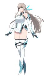 Rule 34 | accio, bad id, bad twitter id, bare shoulders, elbow gloves, full body, gloves, green eyes, grey hair, high heels, highres, leotard, long hair, original, ponytail, sleeveless, solo, thighhighs, white background