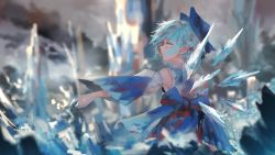 Rule 34 | 1girl, armpit peek, back bow, blood on clothes, blue bow, blue eyes, blue hair, blue sleeves, blurry, blurry background, bow, cirno, closed mouth, commentary, depth of field, detached sleeves, expressionless, grey sky, hair bow, highres, ice, ice wings, looking away, looking to the side, outdoors, outstretched arm, profile, rsef, short hair, sky, solo, touhou, wallpaper, wide sleeves, wind, wings