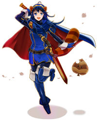 Rule 34 | 1girl, ahoge, animal ears, blue eyes, blue hair, cape, female focus, fire emblem, fire emblem awakening, full body, gloves, hairband, highres, holding, holding sword, holding weapon, long hair, looking at viewer, lucina (fire emblem), matching hair/eyes, nintendo, open mouth, raccoon ears, raccoon girl, raccoon tail, sawako68, scabbard, sheath, smile, solo, standing, standing on one leg, super smash bros., sword, tail, thighhighs, tiara, weapon, white background