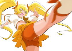 Rule 34 | 1girl, :d, bike shorts, blonde hair, bow, breasts, clover earrings, crop top, cure sunshine, earrings, eyelashes, floating hair, fuchi (nightmare), hair between eyes, hair bow, heartcatch precure!, jewelry, leg up, long hair, midriff, miniskirt, motion blur, open mouth, orange bow, orange ribbon, orange shorts, orange skirt, precure, ribbon, short shorts, short sleeves, shorts, shorts under skirt, simple background, skirt, small breasts, smile, solo, stomach, twintails, underboob, very long hair, white background, white footwear, wrist cuffs, yellow eyes