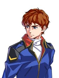 Rule 34 | 1boy, amuro ray, blue eyes, brown hair, char&#039;s counterattack, commentary request, gundam, looking to the side, male focus, military, military uniform, short hair, solo, suzutsuki kurara, turtleneck, uniform, upper body, white background