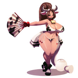 Rule 34 | 1girl, animal ears, animal print, bell, bikini, blush, breasts, brown eyes, brown hair, cleavage, cow ears, cow horns, cow print, cow tail, cowbell, curvy, fatal fury, fingerless gloves, full body, gloves, highres, hip focus, horns, huge breasts, legs, long hair, looking at viewer, navel, one eye closed, open mouth, ponytail, riendonut, shiranui mai, smile, snk, snk heroines: tag team frenzy, solo, standing, swimsuit, tail, the king of fighters, thick thighs, thighs, wide hips