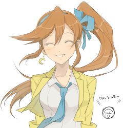 Rule 34 | 1girl, absurdres, ace attorney, arms at sides, athena cykes, blue necktie, blue ribbon, blush, closed eyes, collared shirt, crescent, crescent earrings, cropped jacket, dot nose, earrings, grin, hair ribbon, highres, jacket, jewelry, lapels, long hair, loose necktie, necktie, open collar, orange hair, phoenix wright: ace attorney - dual destinies, ribbon, shirt, side ponytail, sidelocks, simple background, single earring, sleeve cuffs, smile, solo, swept bangs, upper body, very long hair, wasshoi murano, white background, white shirt, yellow jacket