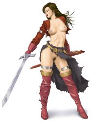 Rule 34 | aira (dq7), breasts, brown hair, dragon quest, dragon quest vii, earrings, irotsuya, jewelry, lipstick, long hair, nipples, pubic hair, pussy, source request, sword, uncensored, weapon