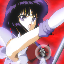 Rule 34 | 1girl, bishoujo senshi sailor moon, black hair, bow, brooch, elbow gloves, gloves, hino ryutaro, jewelry, magical girl, open mouth, purple eyes, red background, red bow, sailor saturn, serious, short hair, solo, staff, star brooch, tiara, tomoe hotaru, upper body, white gloves