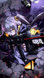 Rule 34 | 1girl, 404, absurdres, aiming, armband, artist logo, black jacket, brown hair, casing ejection, chinese commentary, commentary request, crossed bangs, eotech, fingerless gloves, girls&#039; frontline, gloves, gun, h&amp;k ump, hair over one eye, heckler &amp; koch, highres, hood, hood down, hooded jacket, http status code, jacket, laser, laser pointer projection, laser sight, mahousho, one side up, rain, scar, scar across eye, scar on face, shell casing, side ponytail, smoke, smoke grenade, solo, submachine gun, suppressor, ump45 (girls&#039; frontline), water, weapon, yellow eyes