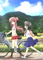 Rule 34 | 2girls, backpack, bag, bicycle, bicycle basket, bicycle seat, black hair, black legwear, blue skirt, blue sky, bow, bowtie, brown footwear, brown hair, building, bush, collared shirt, day, fence, grass, hair ornament, hairclip, long hair, looking at another, low twintails, multiple girls, nanase miori, one side up, open mouth, original, outdoors, pleated skirt, randoseru, red bow, red neckwear, red ribbon, red scrunchie, red skirt, ribbon, road, rust, school uniform, scrunchie, serafuku, shadow, shirt, shoes, short hair, short sleeves, skirt, sky, smile, sweater vest, tree, twintails, vest, walking, wheel, white footwear, white legwear, white shirt, yellow vest