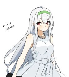 Rule 34 | 1girl, absurdres, bigkwl, brown eyes, cowboy shot, dated, dress, green hairband, hairband, highres, jewelry, kantai collection, necklace, official alternate costume, one-hour drawing challenge, pearl necklace, shoukaku (anniversary) (kancolle), shoukaku (kancolle), sleeveless, sleeveless dress, smile, solo, twitter username, white dress, white hair