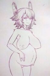 Rule 34 | 1girl, big belly, blush, breasts, cleft of venus, closed mouth, commentary request, completely nude, corrupted twitter file, hair over one eye, headgear, highres, kantai collection, large breasts, looking at viewer, monochrome, navel, nude, pregnant, pussy, smile, solo, standing, tenryuu (kancolle), traditional media, tsukareta san