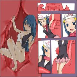 Rule 34 | 1girl, licking armpit, artist request, barefoot, blue eyes, blue hair, blush, creatures (company), dawn (pokemon), digestion, dissolving, dissolving clothes, flat chest, game freak, gen 1 pokemon, hat, inside creature, licking, lickitung, long hair, navel, nintendo, oral, pokemon, pokemon (creature), skirt, sweat, tongue bath, torn clothes, vore, wince