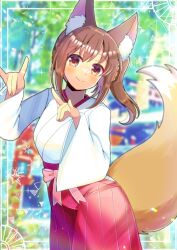 Rule 34 | 1girl, animal ear fluff, animal ears, blurry, blurry background, blush, bow, brown eyes, brown hair, closed mouth, commentary request, commission, depth of field, double fox shadow puppet, fox ears, fox girl, fox shadow puppet, fox tail, hair between eyes, hakama, hakama skirt, hands up, head tilt, japanese clothes, kimono, kou hiyoyo, long hair, long sleeves, looking at viewer, original, pink bow, red hakama, side ponytail, sidelocks, skeb commission, skirt, smile, solo, tail, white kimono, wide sleeves