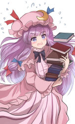 Rule 34 | 1girl, blue bow, blue ribbon, blush, book, book stack, bow, bowtie, breasts, capelet, commentary, crescent, crescent hat ornament, dress, dropping, flying sweatdrops, hair bow, hat, hat ornament, hat ribbon, highres, holding, holding book, large breasts, long hair, mob cap, namiki (remiter00), open mouth, patchouli knowledge, purple bow, purple bowtie, purple eyes, purple hair, red bow, red ribbon, ribbon, robe, simple background, solo, striped clothes, striped dress, touhou, very long hair, white background, wide sleeves