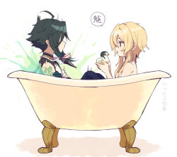 Rule 34 | 1boy, 1girl, ahoge, arm tattoo, bathing, bathtub, bead necklace, beads, black hair, blonde hair, commentary, crossed arms, from side, genshin impact, gloves, hair between eyes, holding, jewelry, lumine (genshin impact), mixed-sex bathing, moyori, multicolored hair, necklace, nude, orange eyes, parted lips, partially translated, profile, rubber duck, shared bathing, short hair with long locks, simple background, sitting, splashing, tassel, tattoo, translation request, wet, wet hair, white background, xiao (genshin impact)