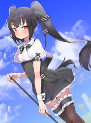Rule 34 | 1girl, atage, black hair, black skirt, blue sky, blush, bridal garter, brown thighhighs, cloud, copyright request, day, high-waist skirt, looking at viewer, maid, outdoors, parted lips, puffy short sleeves, puffy sleeves, red eyes, shirt, short sleeves, skirt, sky, solo, standing, thigh strap, thighhighs, twintails, white shirt, wrist cuffs